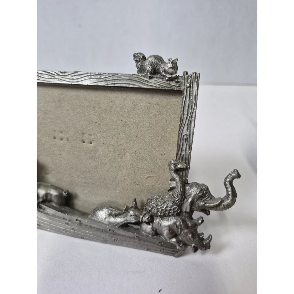 Vintage 1995 Perfect Noahs Ark Pewter Metal Picture Frame 3D Animals Silver Tone